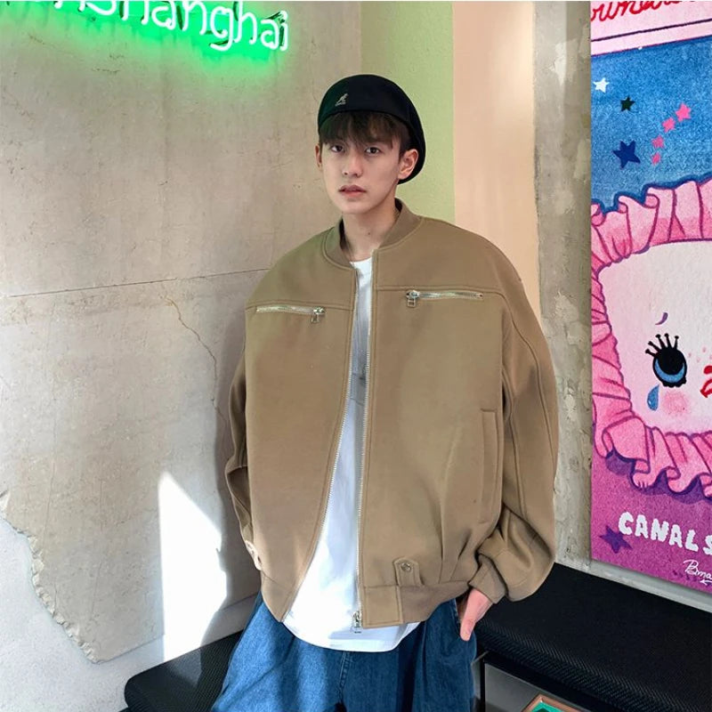 Brown Zipper Woolen Jacket Men's Light Luxury High Street Baseball Uniform Coat 2023 Autumn Winter Oversize Punk O-neck Jacket