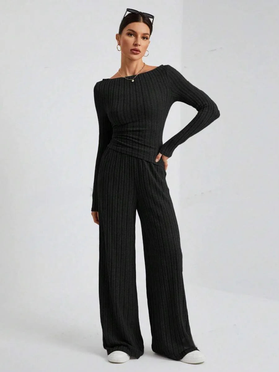 2024 Spring Knitted 2 Piece Sets Women Tracksuit Long Sleeve Vintage Sweater Crop Top Flare Pants Stretch Matching Suit Outfit