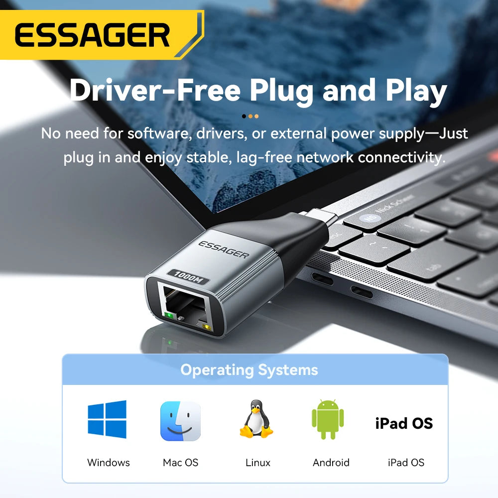 Essager Type-C to Ethernet Adapter 100/1000Mbps Gigabit High-Speed RJ45 To Type-c Adapter For MacBook Laptop Wired Network Card