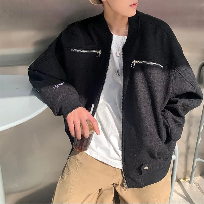 Brown Zipper Woolen Jacket Men's Light Luxury High Street Baseball Uniform Coat 2023 Autumn Winter Oversize Punk O-neck Jacket