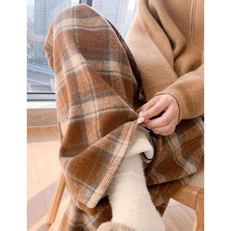 Vintage Plaid Padded Thick Pants Women Fall Winter Warm High-Waisted Casual Straight Wide-Legged Pants Hip-Hop Y2K Trousers