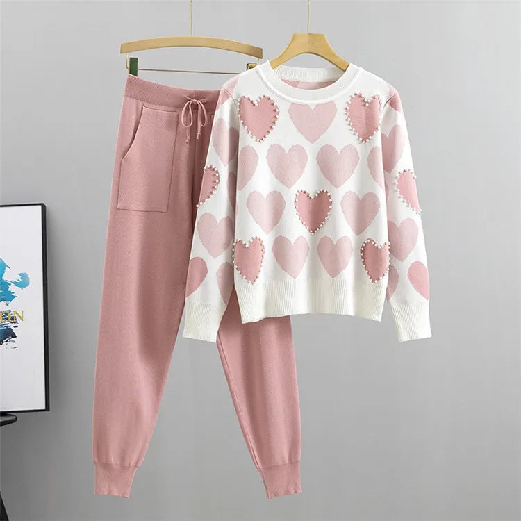 Chic Beading Knit Sweater 2 Piece Sets Women Outfits Korean Fashion O-neck Pullover & Harem Pants Sport Tracksuits Suit