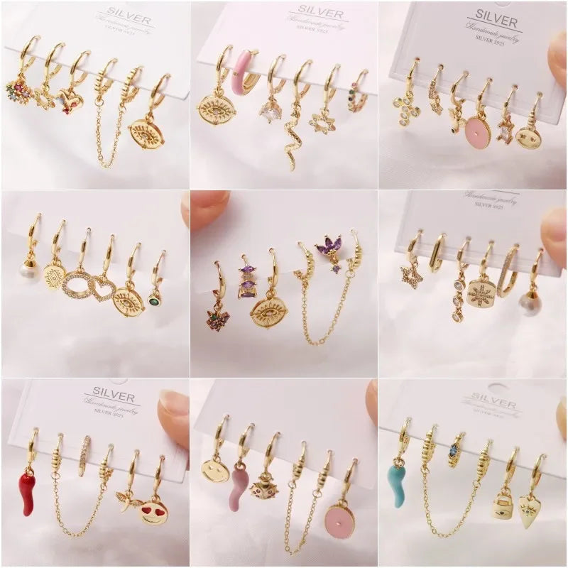 6 Pcs Fashion Exquisite Pearl Star Moon Enamel Zircon Dangle Ear Ring Set Korean Style Small Hoop Earring For Women Jewelry Gift