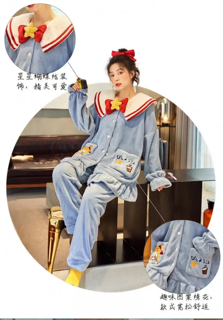 Anime Kuromi Pajamas Pants Suit Sanrioed Women Cute Kawaii Spring Winter Cardigan Plush Coral Fleece Cute Cartoon Warm Homewear