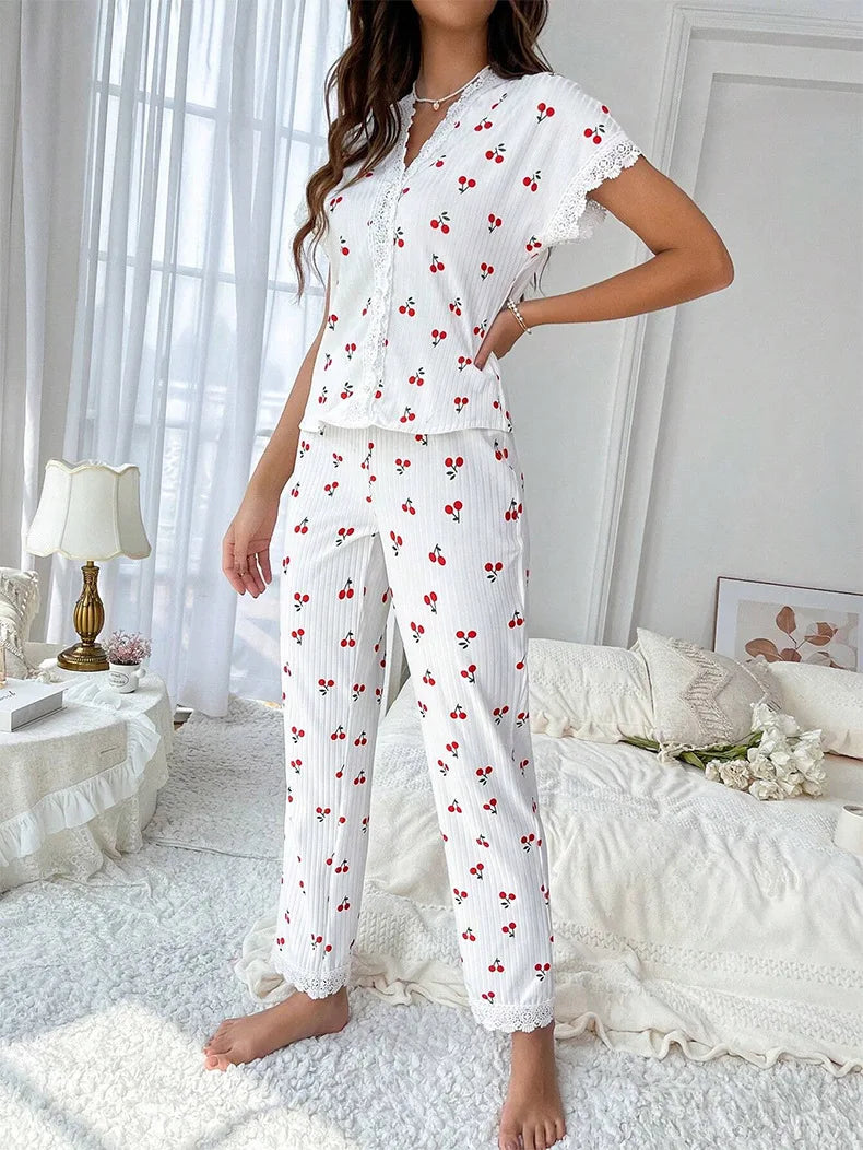 Lace Trim Women Pajama Set Short Sleeve Front Button Top & Full-Length Pants Cherry Print 2 Pieces Sleepwear Nightwear Homewear