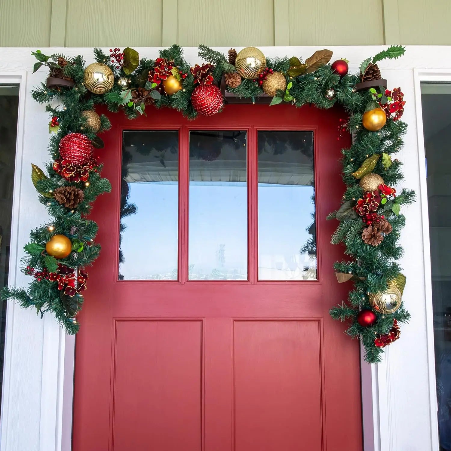 [9 Foot Artificial Christmas Garland]-Scarlet Hydrangea Collection-Red and Gold Decoration -Pre Lit with 100 Warm Clear Colored