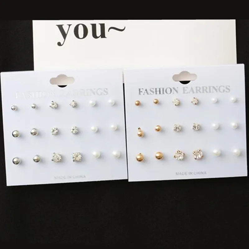 Fashion 9 Pcs/Set Round Square Crystal Gold Color Stud Earrings Simulated Pearl Ball Silver Color Earring Set For Women Jewelry