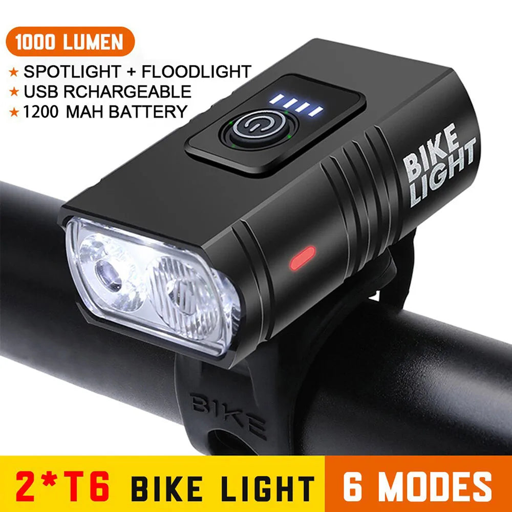 2T6 LED Bicycle Front Light 1000LM Aluminum Alloy Bike Light Headlight USB Rechargeable MTB Mountain Bicycle Lamp