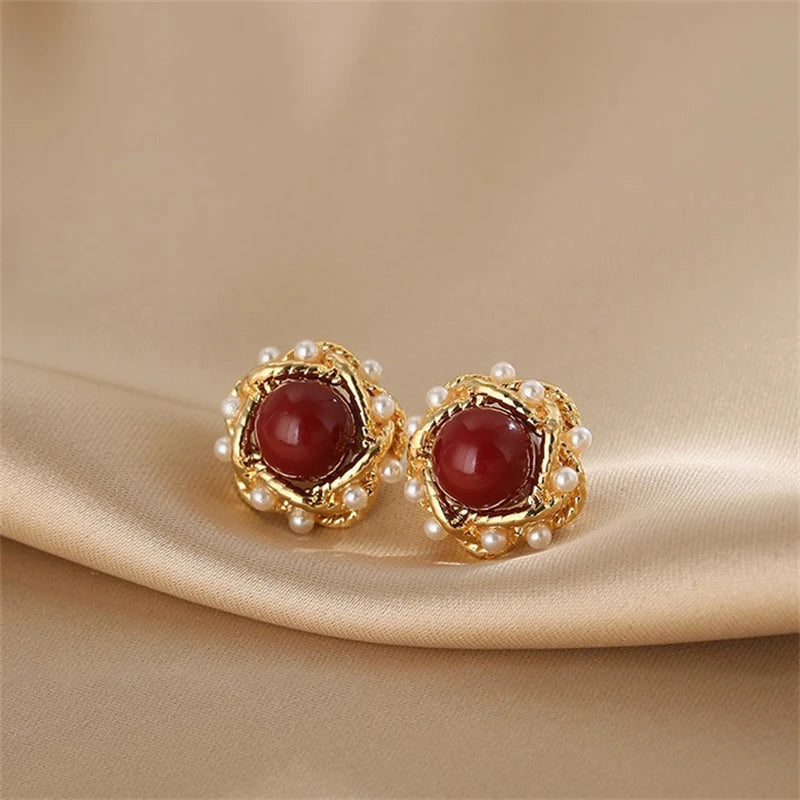 Red Acrylic Ball Stud Earrings for Women Twisted Metal Side Imitation Pearl Beads Girls Sweet Ear Decoration New Year Jewelry