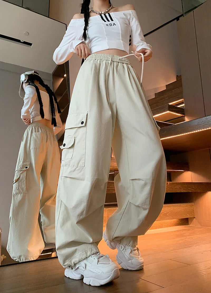 Y2K Cargo Pants Women Harajuku Oversized Sweatpants Black Pockets Wide Leg Joggers Streetwear High Waist Baggy Sports Trousers