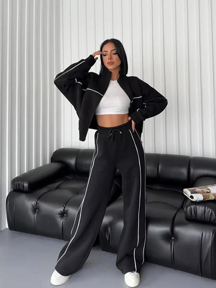 Casual Sports Suits Long Sleeved Half High Collar Cardigan Sweater Lace up Striped Pants Women Clothing Two Piece Set Tracksuit