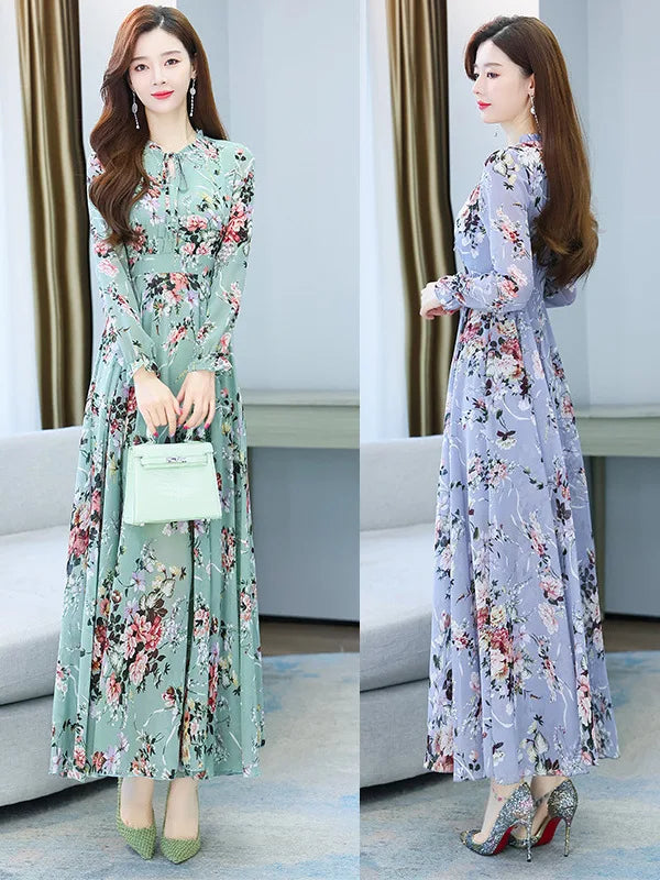 Spicy Mom Dress Chiffon Moms Korean Edition New Autumn and Winter Fragmented Flower Long Style New Long sleeved Medium Long UAFP