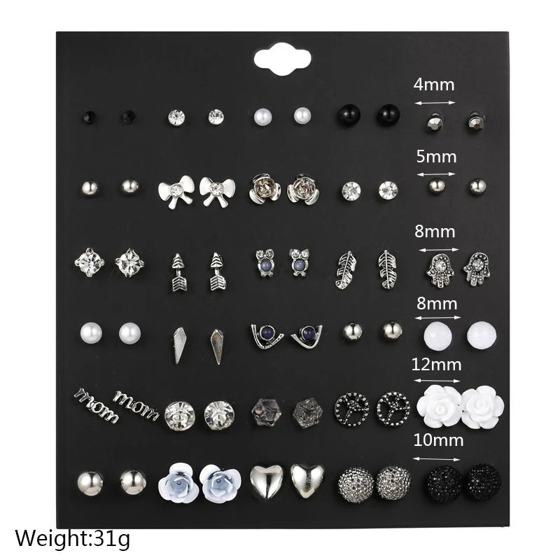 New Design 30Pairs/lot Mixed Crystal Small Stud Earrings Sets For Women Girl Heart Flowers Moon Ear Jewelry Accessories