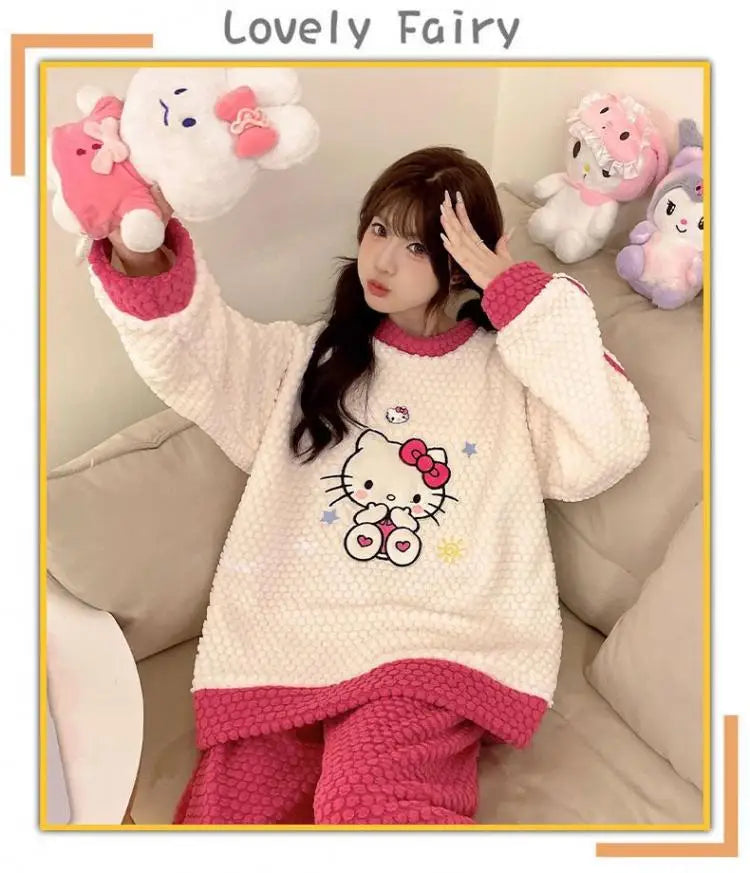 Women Cute Hello Kitty Pajamas Pants Suit Sanrioed Anime Kawaii Spring Winter Cardigan Plush Coral Fleece Red Cartoon Homewear