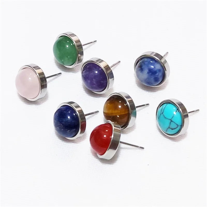 Natural Stone Earrings Healing Crystal Quartzs 10mm Round Beads Steel Stud Fashion Ear Jewelry for Women Girl Wholesale