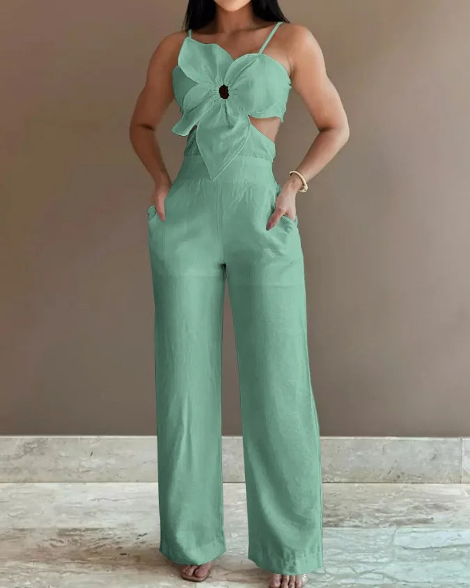 Women Spring Summer Onepiece Trousers Jumpsuits Solid Color Sleeveless Hollow Out Wide Leg Pants Casual Fashion Regular Backless