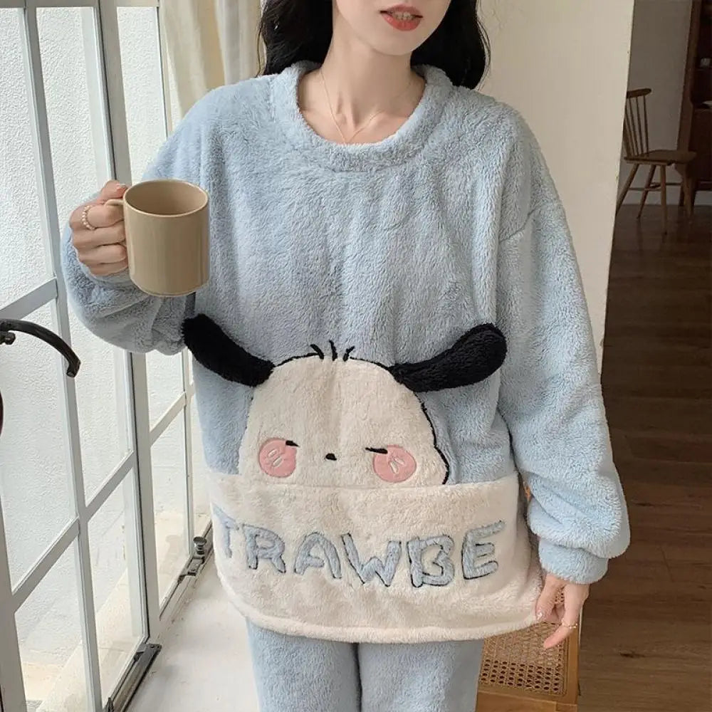 Cute Cinnamoroll Winter Pajamas Suit Sanrioed Anime Kawaii Cartoon Plush Homewear with Chest Pad Women Flannel Warm Nightwear