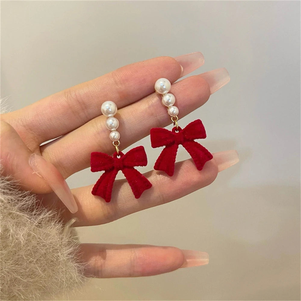 LATS Red Black Bowtie Earrings for Women Girls Simulated Pearl Cloth Bow Tie Earrings Jewelry Ear Accessories Beautiful Gifts