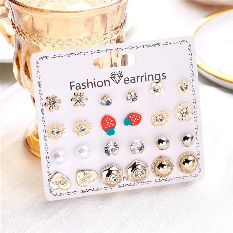 12 Pairs/Set Imitation Pearl Sun Star Flower Bow Heart Zircon Combination Paper Card Stud Earrings Set Fashion Geometric Earring