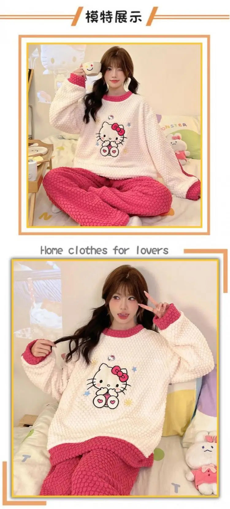 Women Cute Hello Kitty Pajamas Pants Suit Sanrioed Anime Kawaii Spring Winter Cardigan Plush Coral Fleece Red Cartoon Homewear