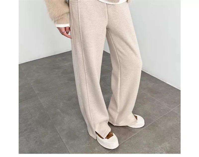 Women's Autumn/Winter New Herringbone Striped Flannel Wide leg Pants Woolen Split Pants Straight leg Narrow Version Banana Pants