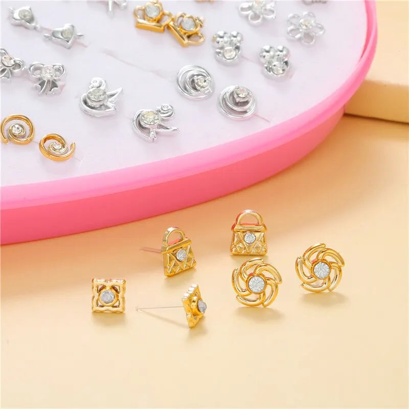 Trendy Gold/Silver-color 36 Pairs/lot Female Flower Love Small Stud Earrings Set For Women Geometric Crystal Plastic Ear Jewelry