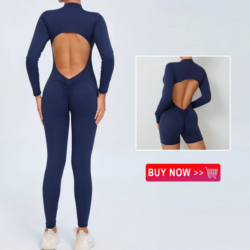 Fashion Hollow Backless Sport Jumpsuit Women's Tracksuit Long Sleeve Zipper Fitness Overalls One Piece Gym Set Workout Clothing