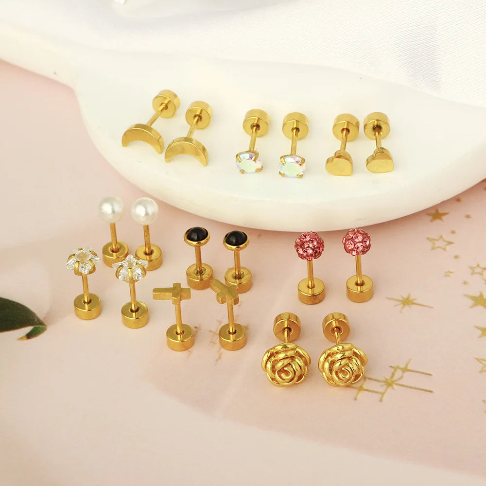 2PCS/Set Stainless Steel Gold Flower Cross Stud Earrings for Women Cute Mini Pearl Earrings Tragus Cartilage Piercing Jewelry