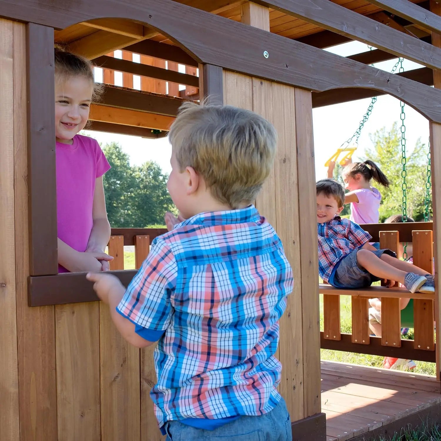 Wood Swing Set, Upper and Lower Deck, Sandbox, Vented Tunnel, Rock Climbing Wall