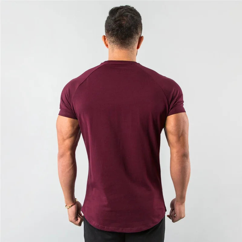 Cotton Plain Tops Tees Fitness Mens T Shirt Short Sleeve Muscle Joggers Bodybuilding Tshirt Male Gym Clothes Slim Fit Shirt