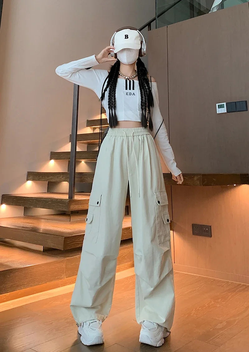 Y2K Cargo Pants Women Harajuku Oversized Sweatpants Black Pockets Wide Leg Joggers Streetwear High Waist Baggy Sports Trousers