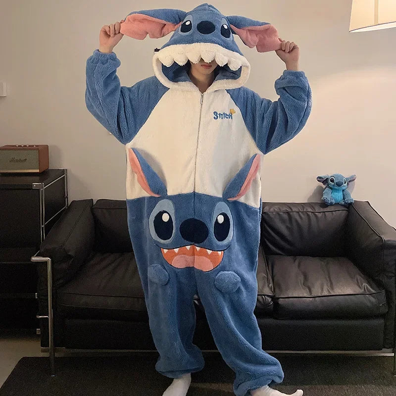 Cartoon Disney couple one-piece pajamas winter coral fleece thermal hooded pullover men's loungewear new Stitch women's pajamas