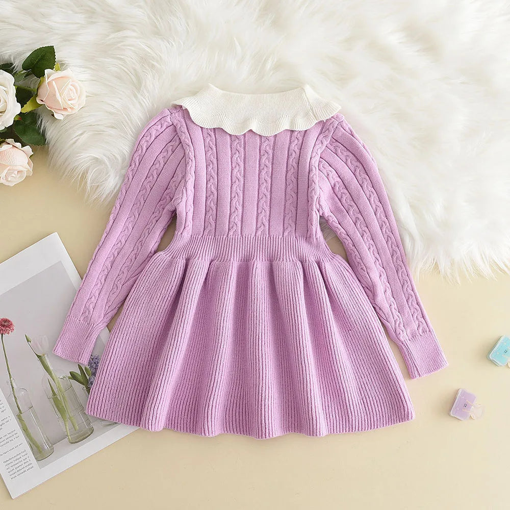 Winter Girls Knitting Wool Long Sleeve Dress Autumn Girls Baby Ruffle Knitted Princess Sweater Dress Casual Clothes