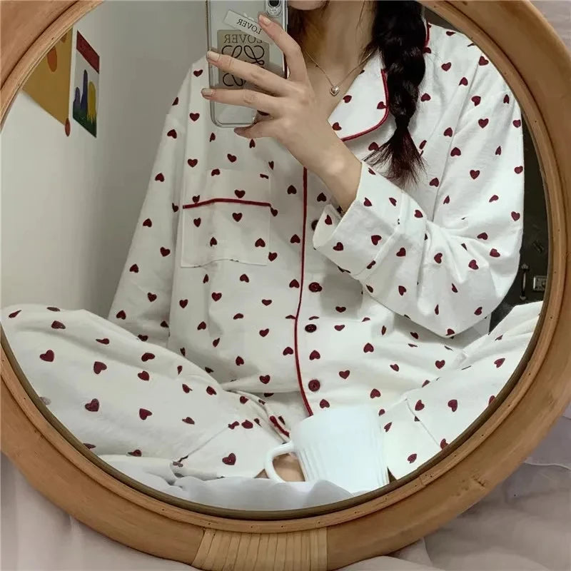 Large Size Sexy Nightwear Women Sleepwear Autumn and Winter Cardigan Home Wear Peach Heart Long Sleeves School Silk Pajamas