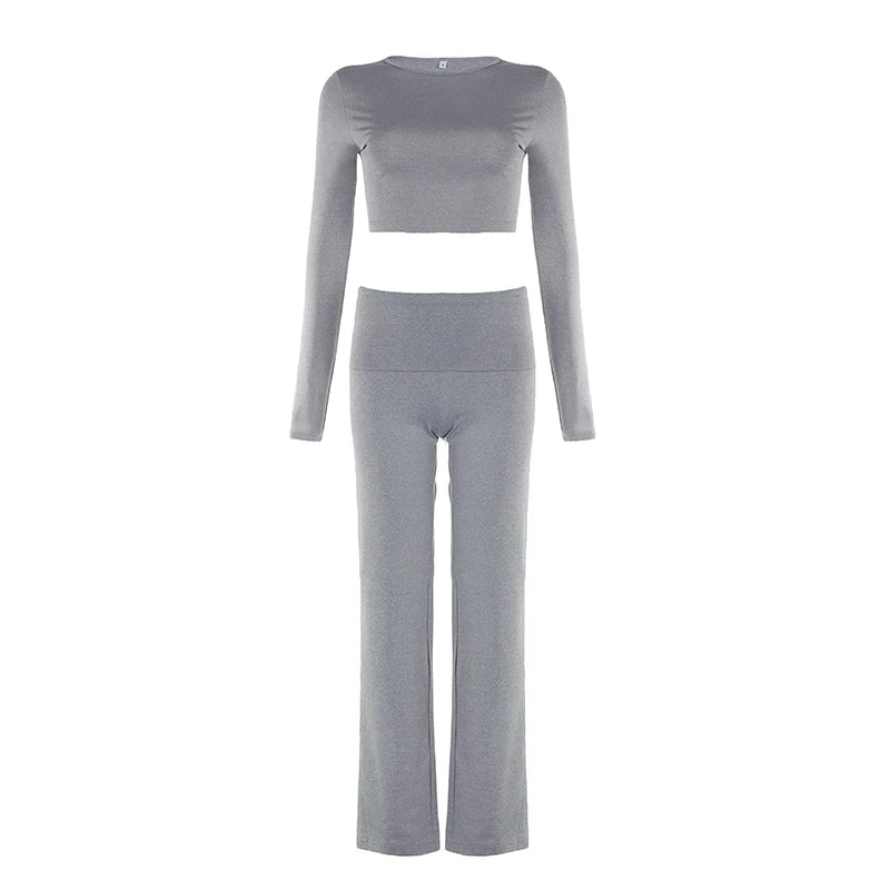 BIIKPIIK Yoga Casual Two Piece Set Concise Sporty Pants Suit For Women Fitness Long Sleeve Crop Top + Turndown Waist Pants Trend