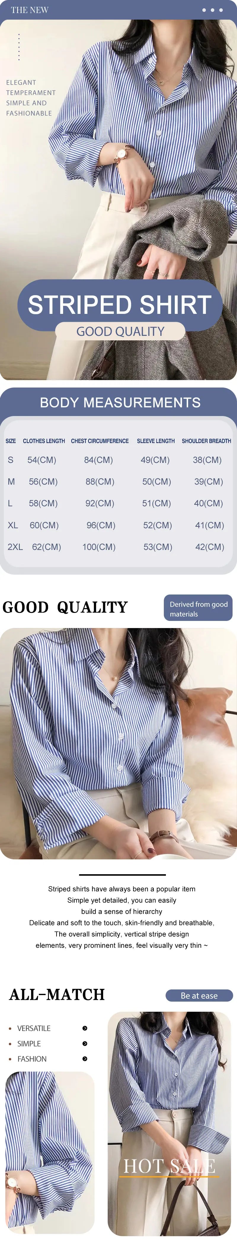 2024 New Women's Casual Shirt Comfortable Simple Striped Blue And White Classic Retro Spring And Autumn Long Sleeve Top