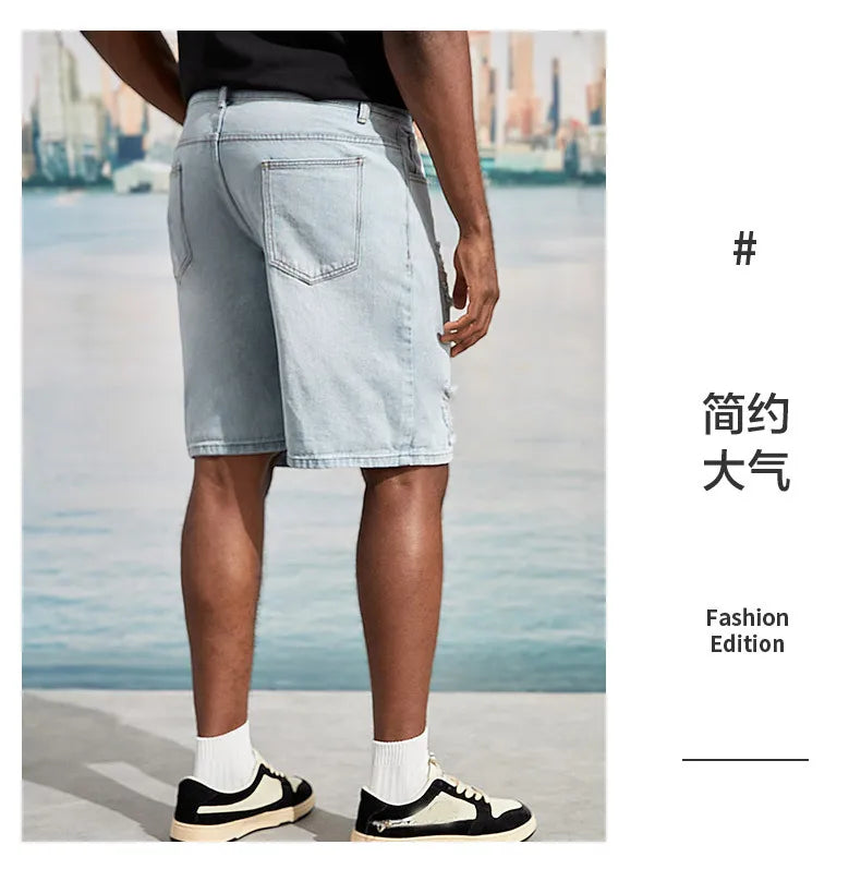 New Men's Korean-style Casual Ripped Denim Shorts, Street Handsome, Loose Straight-leg, Large-size Five-point Pants.