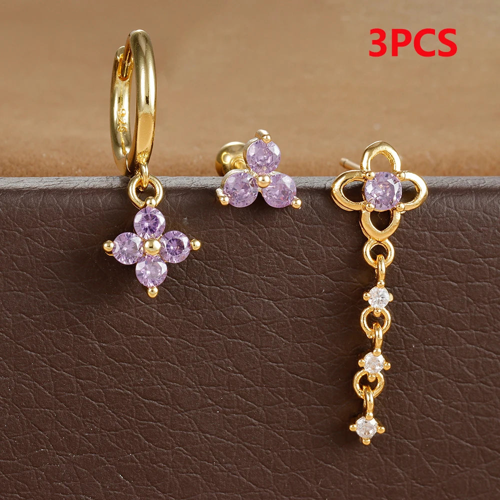 3pcs Star Butterfly Piercing Earrings Sets for Women Stainless Steel Flower Chain Colorful Zircon Hoop Earring Aesthetic Jewelry