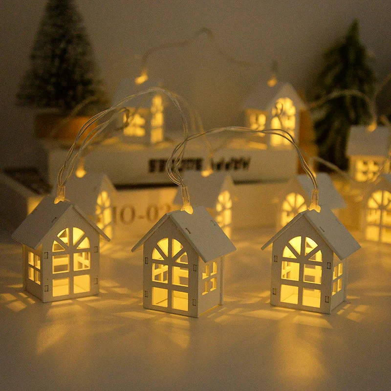 2M 10LED Christmas Wooden House LED Fairy Light String 2025 New Year Home Hanging Garland Xmas Tree Ornaments Decoration Lamp