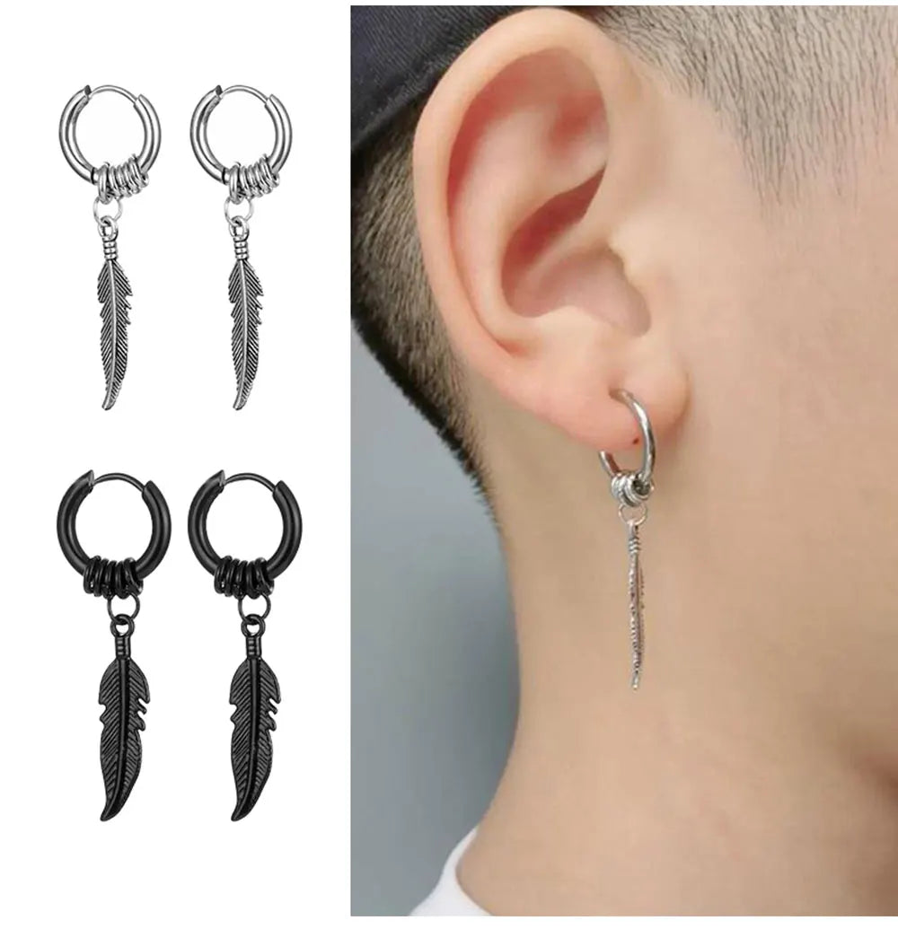 2pc korean Fashion Cross feather Stud Earrings Punk Rock Style For Women men High Quality Stainless steel Hiphop Ear Jewelry