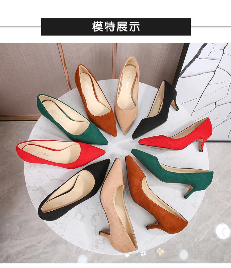 Low Heel Pumps Lady Pointed Toe Kitten Heels Female Green Flock Plus Size 43 44 45 46 Red Shoes 2023 Women 5cm High Heels