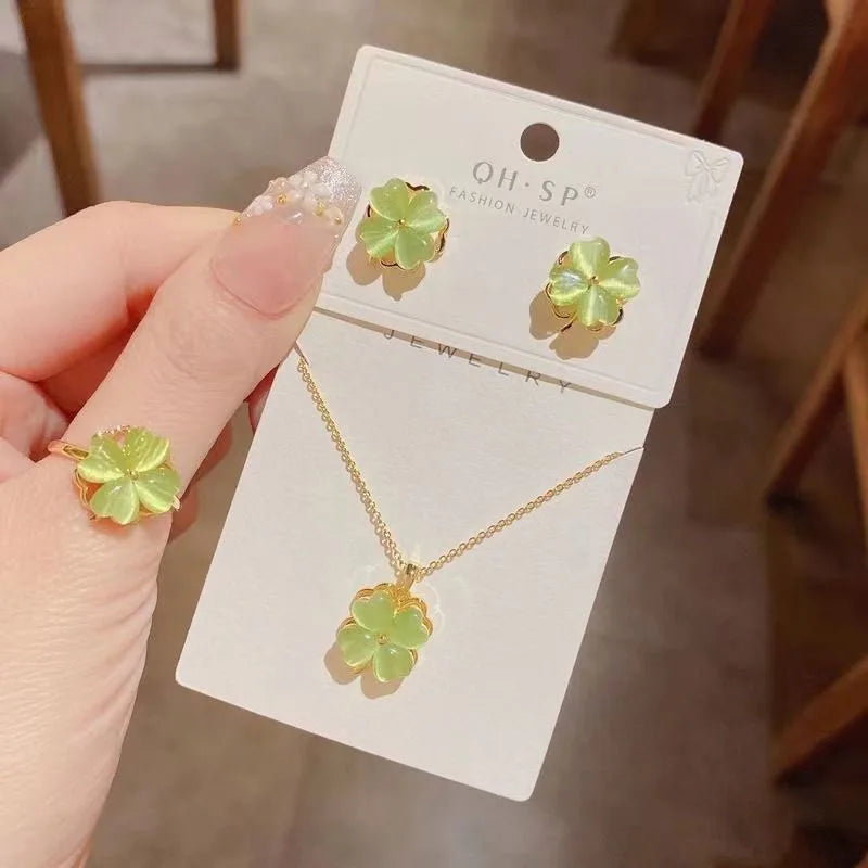 Fashion Classic Rotatable Rings Choker Green Clover Earrings Women Stainless Steel Earrings Pendant Jewelry Set for Women Gift