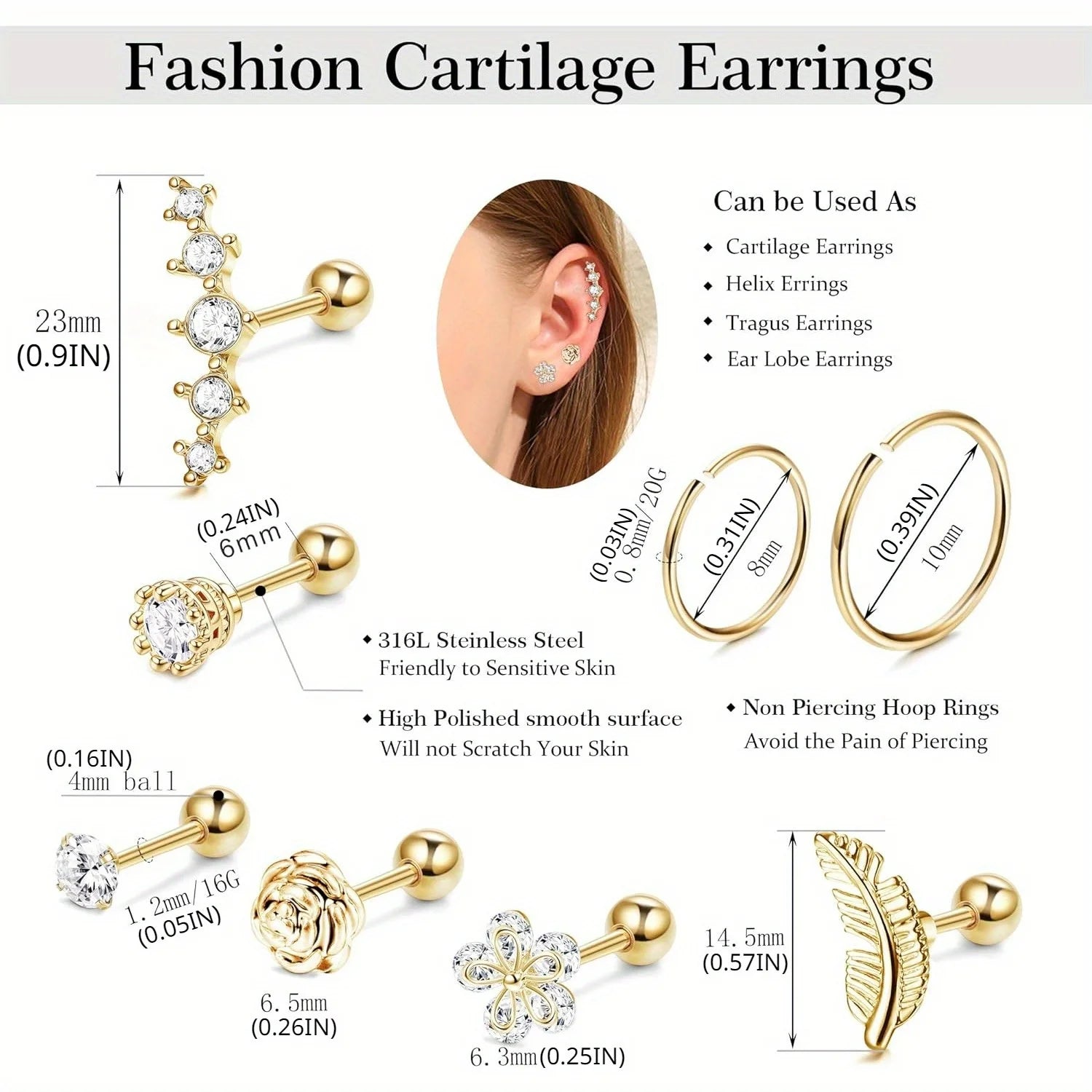 Drperfect Surgical Stainless Steel 16G Cartilage Earrings Studs Helix Couch Hoop Piercing Earrings Set Opal Shiny Earrings