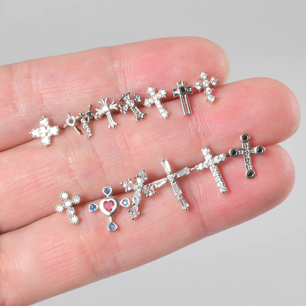 2PCS Cross Stud Earrings for Women Girls Men Labret Crystal CZ Helix Tragus Cartilage Ear Studs Punk 20G Piercing Jewelry