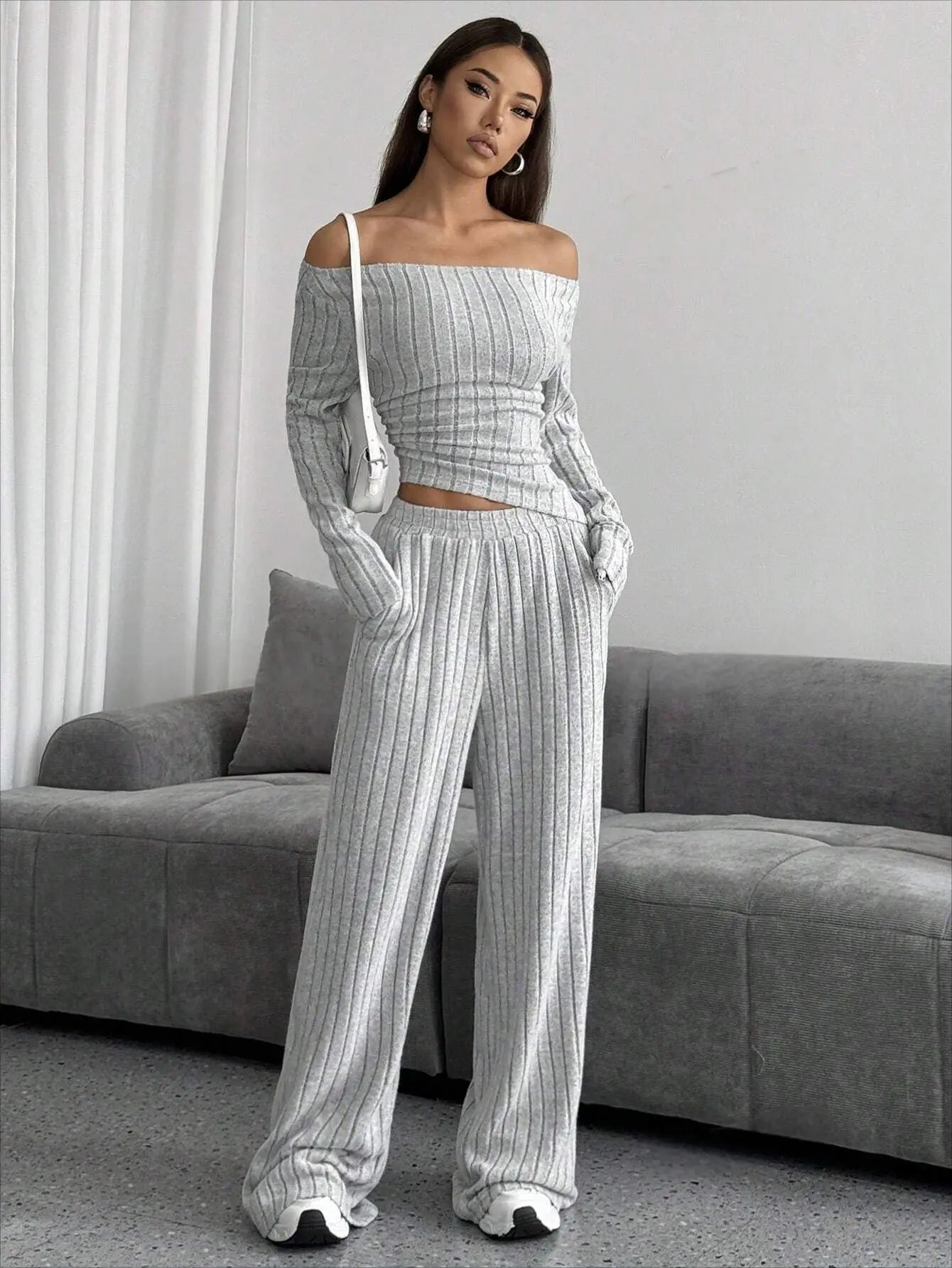 2024 Spring Knitted 2 Piece Sets Women Tracksuit Long Sleeve Vintage Sweater Crop Top Flare Pants Stretch Matching Suit Outfit