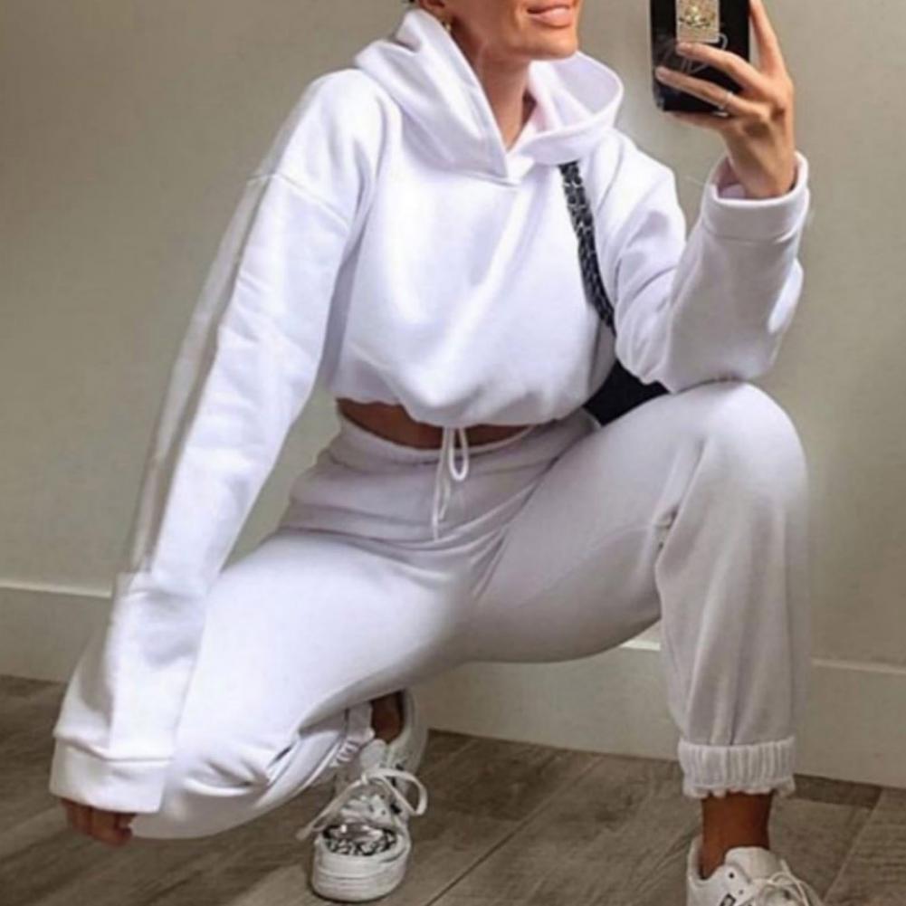 Women Hoodie Pants Set Sexy Cropped Hoodie Trousers Sports 2 Pieces Set Casual Sweatshirt Jogger Pants Set Sweatpants Outfit