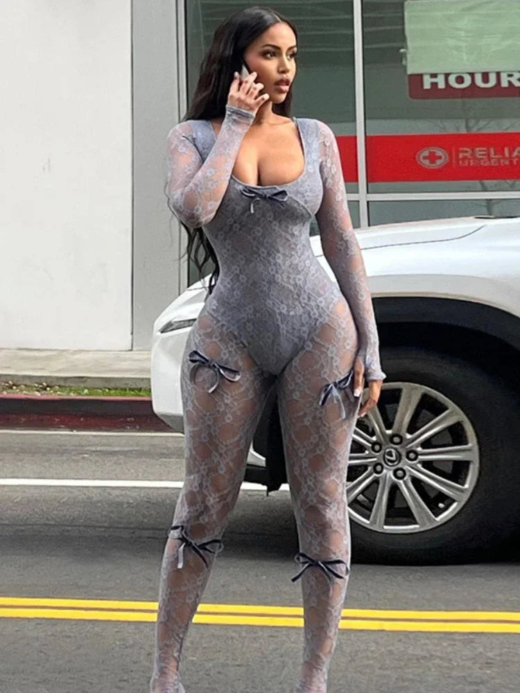 2024 See Through Mesh Sexy Jumpsuit Women Bow Splice Long Sleeve Bodycon One Piece Hot Girl Party Sexy Club Overalls For Woman