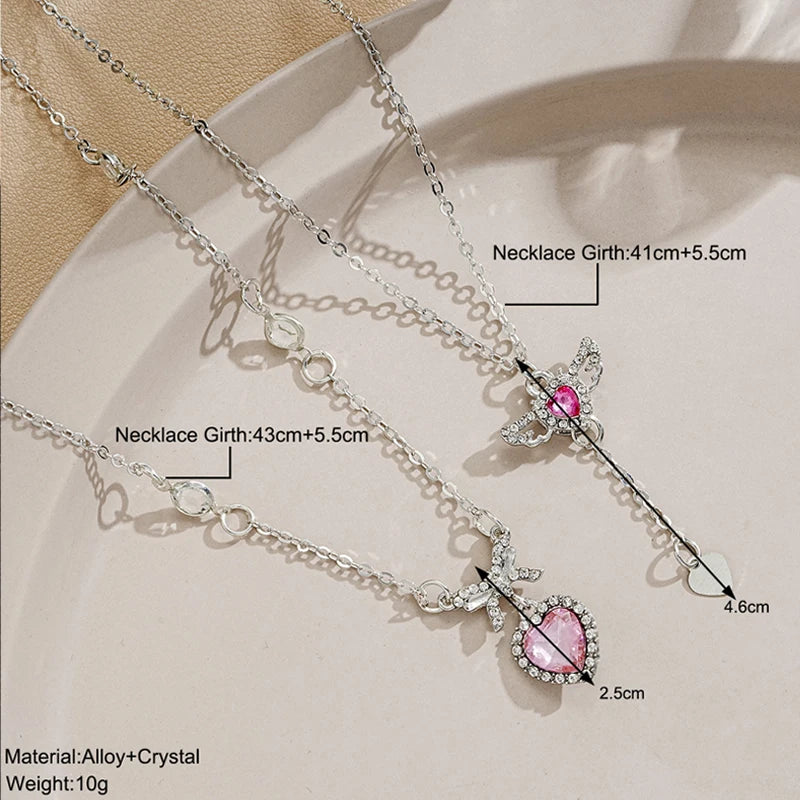 Crystal Angel Wings Heart Pendant Necklaces Set Ladies Girl Simple Y2K Pink White Zircon Love Elegant Necklace Women Jewelry Set