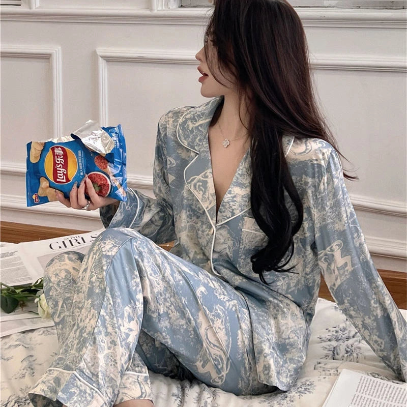 2023 Autumn New Ice Silk Women Pajama Lapel Button Cardigan Outfits for Women 2 Piece Set Fashion Printing Set Clothes for Women