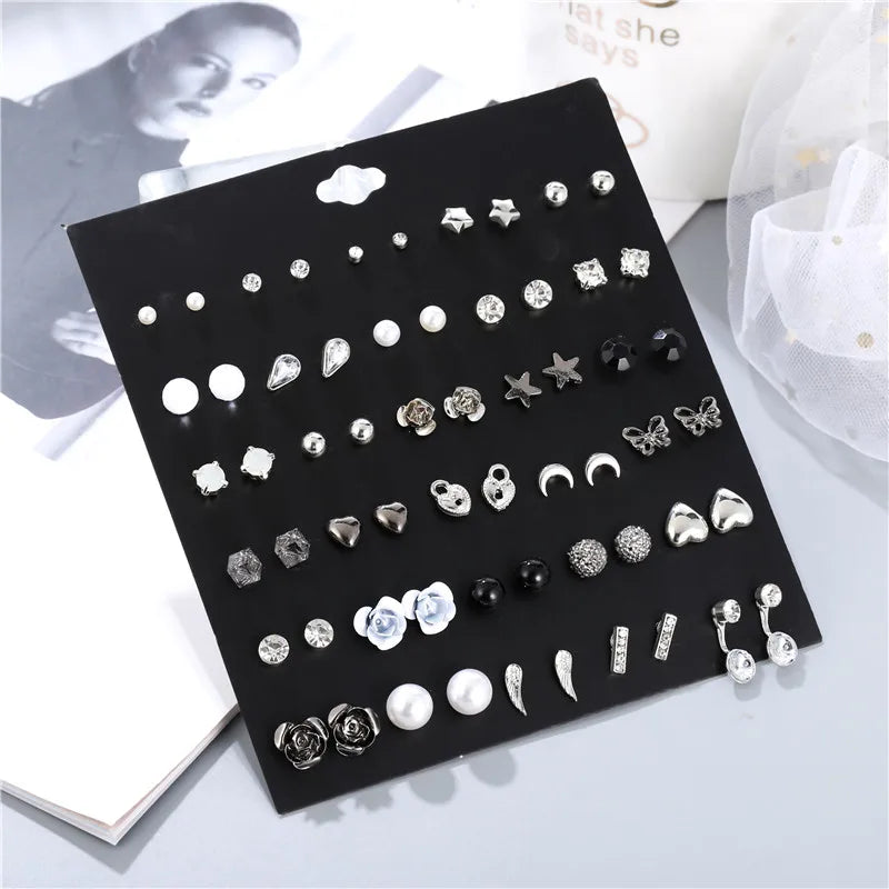 New Design 30Pairs/lot Mixed Crystal Small Stud Earrings Sets For Women Girl Heart Flowers Moon Ear Jewelry Accessories